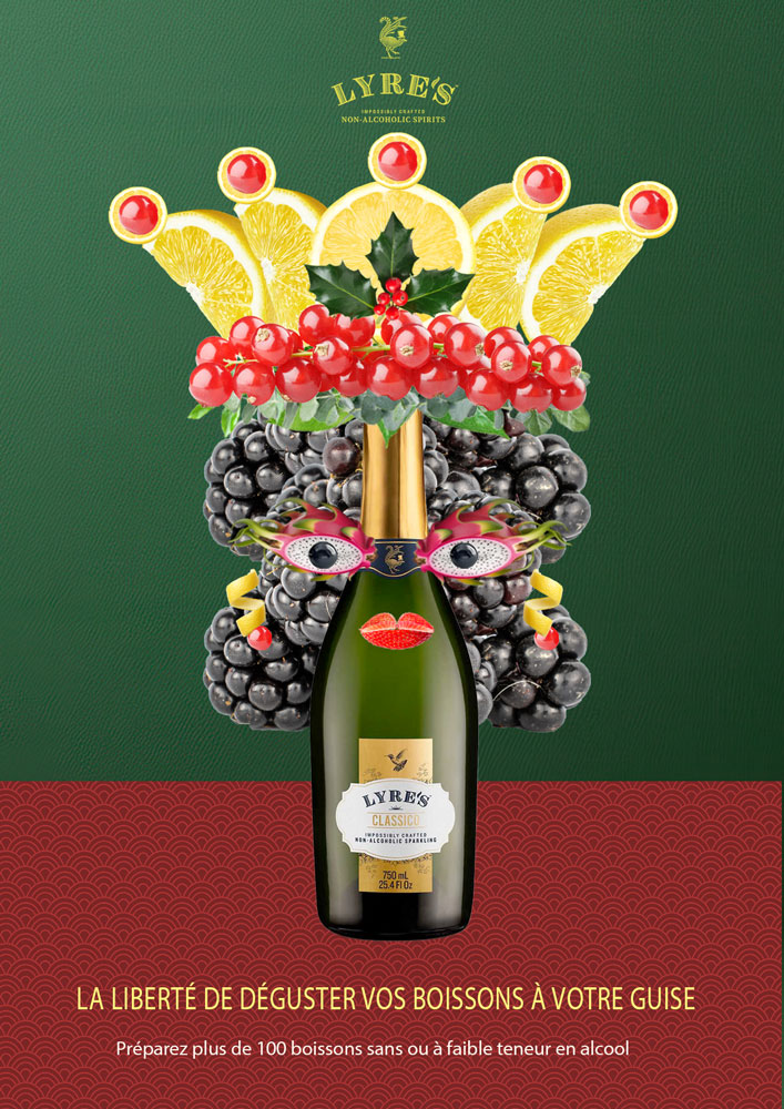 L'affiche publicitaire pour ce vin utilise un motif de visage humain et une ambiance festive avec des costumes représentés à l'aide de fruits tropicaux.