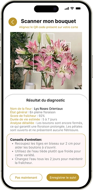 L'interface résultante de la fonction de reconnaissance basée sur l'IA sur l'application mobile de la marque Bonheur.