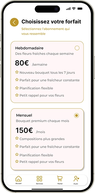 Concevoir une interface mobile pour la section d'inscription aux abonnements hebdomadaires et mensuels.