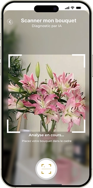 Interface utilisateur de la fonction de reconnaissance basée sur l'IA de l'application mobile de la marque Bonheur.