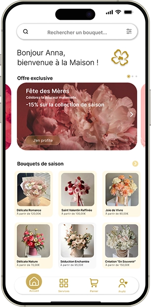 L'interface de la page d'accueil sur l'application mobile de la marque Bonheur.