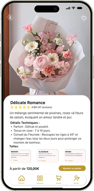 Interface de présentation des produits sur l'application mobile de la marque Bonheur.