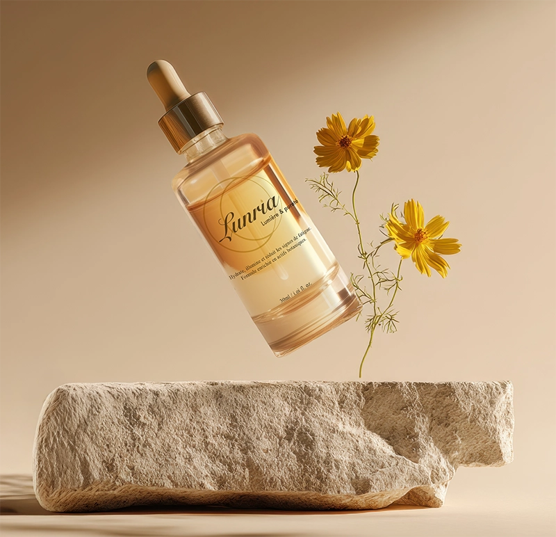 L'image montre un flacon de sérum portant la marque Lunria sur un fond jaune, placé à côté d'une fleur.