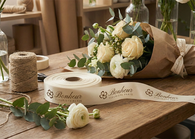 Ruban d'emballage floral portant la marque Bonheur.