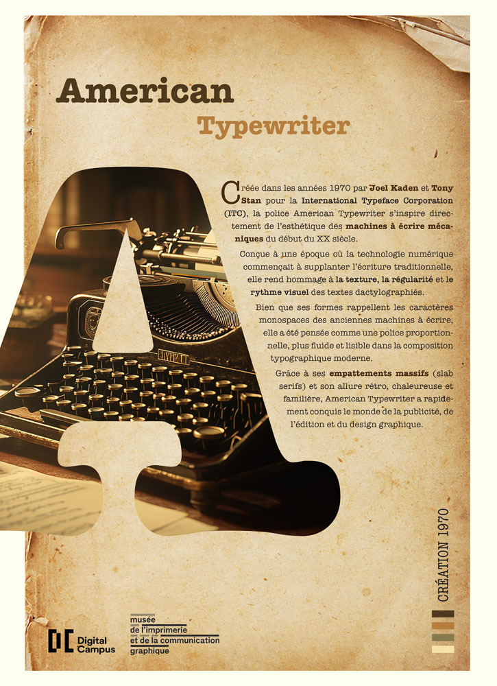 La publicité de print pour American Typewriter utilise le format papier jaune du papier à lettres à l'ancienne, avec un grand « A » gravé accompagné d'une image de machine à écrire.