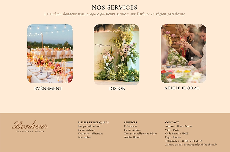 L'interface de la page "nos services" pour la marque Bonheur.